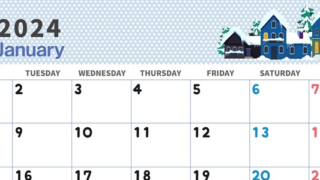 2024年1月横型の月曜始まり 北欧っぽい雪イラストおしゃれカレンダー