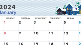 2024年1月横型の日曜始まり 雪景色イラストのおしゃれカレンダー