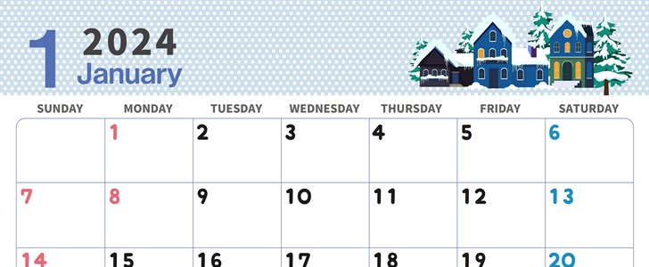 2024年1月横型の日曜始まり 雪景色イラストのおしゃれカレンダー