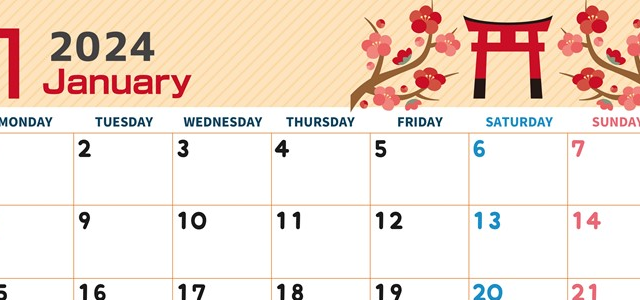 2024年1月横型の月曜始まり 神社の鳥居イラストのかわいいカレンダー