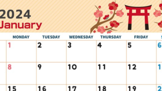 2024年1月横型の日曜始まり 鳥居イラストのかわいいカレンダー