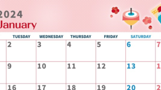 2024年1月横型の月曜始まり 和風な羽子板イラストのかわいいカレンダー