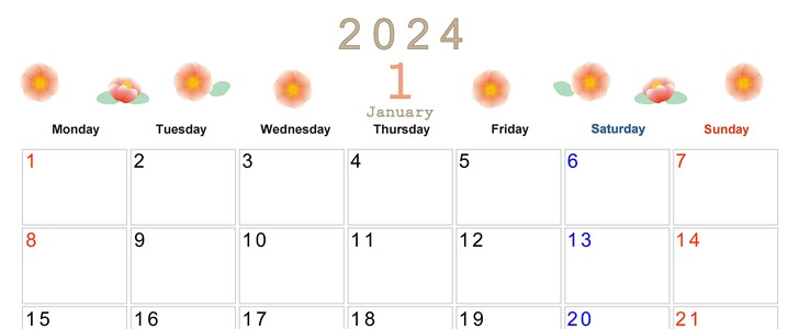 2024年1月横型の月曜始まり ピンクの花イラストのかわいいカレンダー