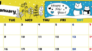 2024年1月横型の月曜始まり 雪と猫イラストのかわいいカレンダー