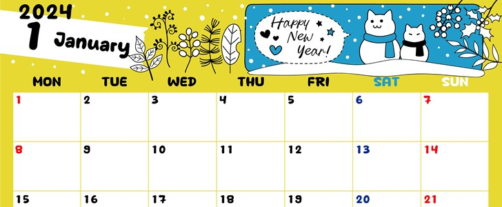 2024年1月横型の月曜始まり 雪と猫イラストのかわいいカレンダー