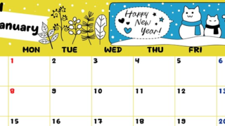 2024年1月横型の日曜始まり 雪だるま猫イラストのかわいいカレンダー