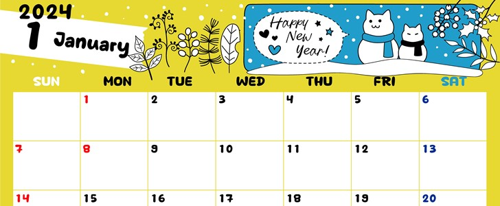 2024年1月横型の日曜始まり 雪だるま猫イラストのかわいいカレンダー