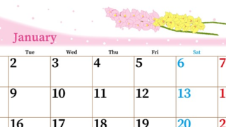 2024年1月横型の月曜始まり ピンクの花イラストのおしゃれカレンダー