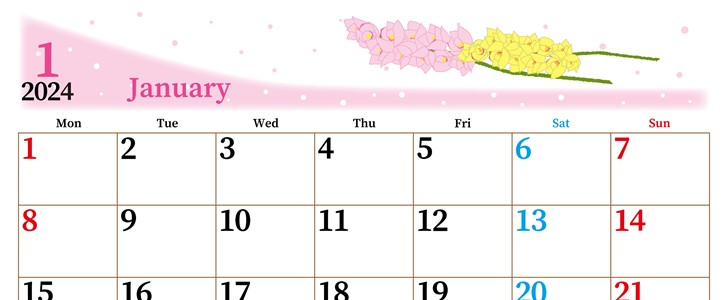 2024年1月横型の月曜始まり ピンクの花イラストのおしゃれカレンダー