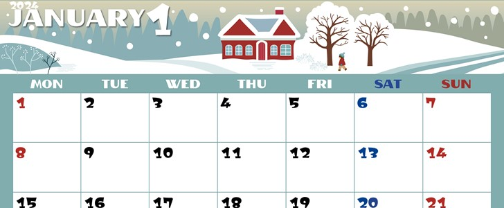 2024年1月横型の月曜始まり 北欧風なイラストのかわいいカレンダー