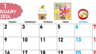 2024年1月横型の月曜始まり ポップなお節イラストのかわいいカレンダー