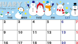 2024年1月横型の月曜始まり スノーマンイラストのかわいいカレンダー