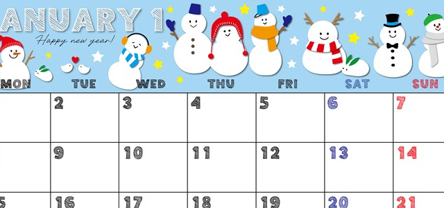 2024年1月横型の月曜始まり スノーマンイラストのかわいいカレンダー