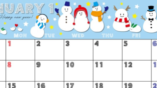 2024年1月横型の日曜始まり スノーマンイラストのかわいいカレンダー