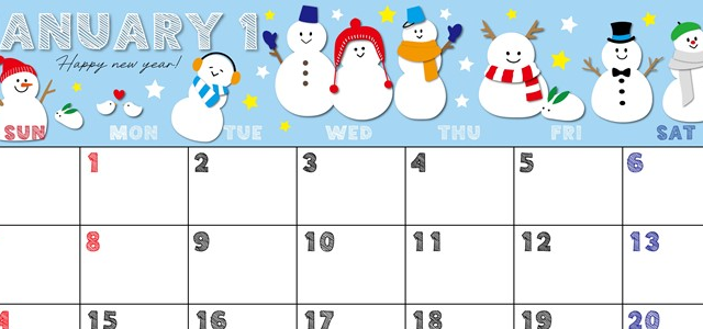 2024年1月横型の日曜始まり スノーマンイラストのかわいいカレンダー