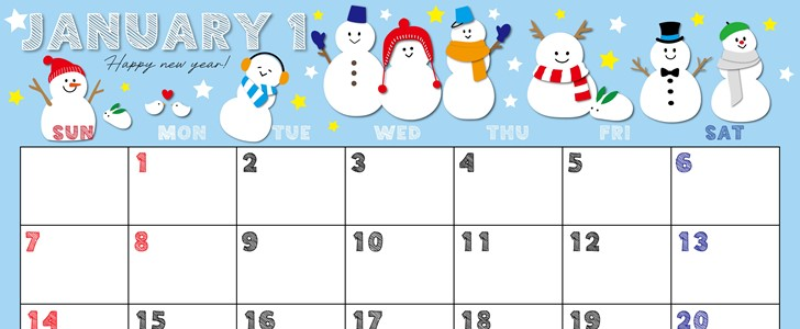 2024年1月横型の日曜始まり スノーマンイラストのかわいいカレンダー