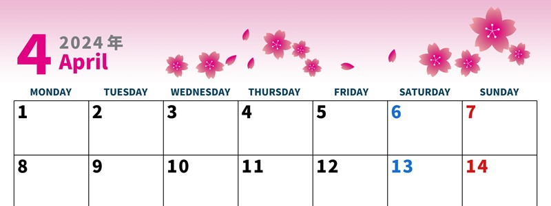 2024年4月横型の月曜始まり 満開桜イラストのかわいいA4無料カレンダー