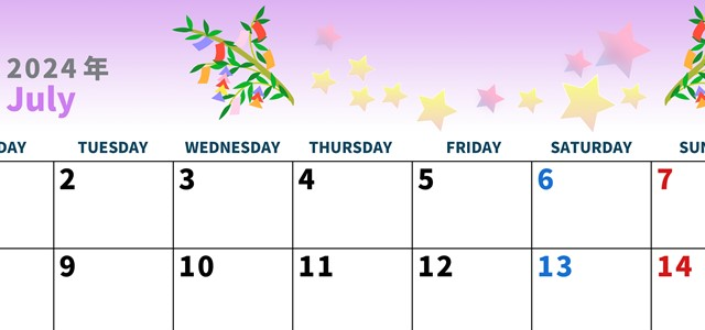 2024年7月横型の月曜始まり 七夕イラストのかわいいA4無料カレンダー