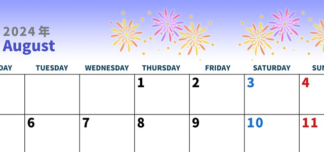 2024年8月横型の月曜始まり 花火イラストのかわいいA4無料カレンダー