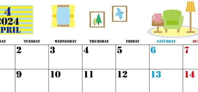 2024年4月横型の月曜始まり 新生活イラストのかわいいA4無料カレンダー