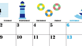 2024年7月横型の月曜始まり マリンなイラストのかわいいA4無料カレンダー