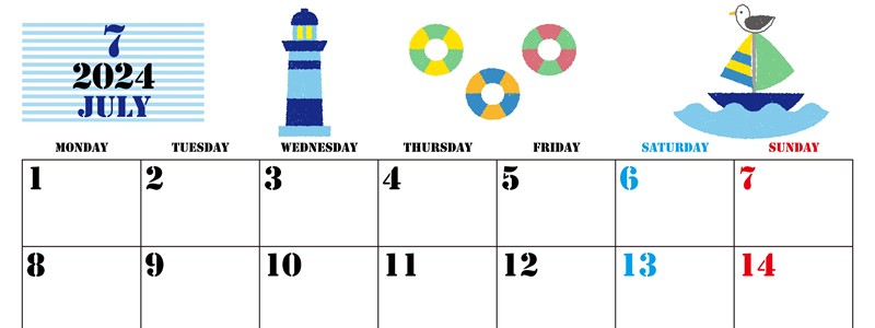 2024年7月横型の月曜始まり マリンなイラストのかわいいA4無料カレンダー