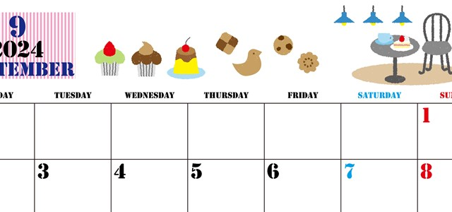 2024年9月横型の月曜始まり 食欲の秋イラストのかわいいA4無料カレンダー