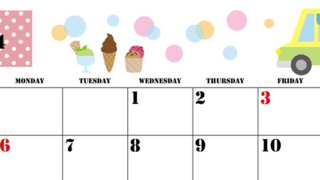 2024年5月横型の日曜始まり アイスクリームのイラストがかわいいA4無料カレンダー