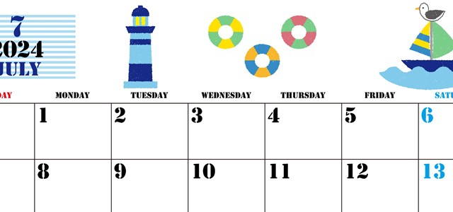 2024年7月横型の日曜始まり マリンなイラストのかわいいA4無料カレンダー