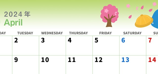 2024年4月横型の月曜始まり 新学期イラストのかわいいA4無料カレンダー