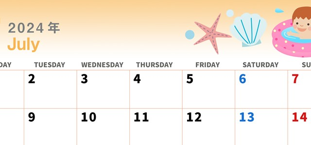 2024年7月横型の月曜始まり 海のイラストのかわいいA4無料カレンダー