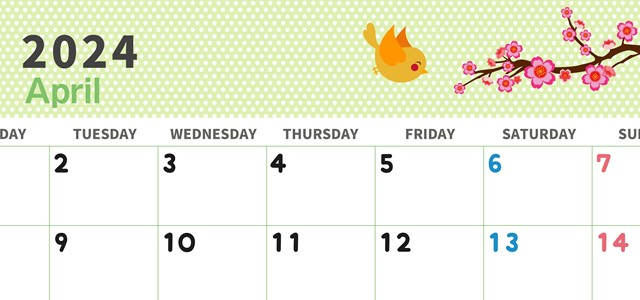 2024年4月横型の月曜始まり ウグイスイラストのおしゃれA4無料カレンダー