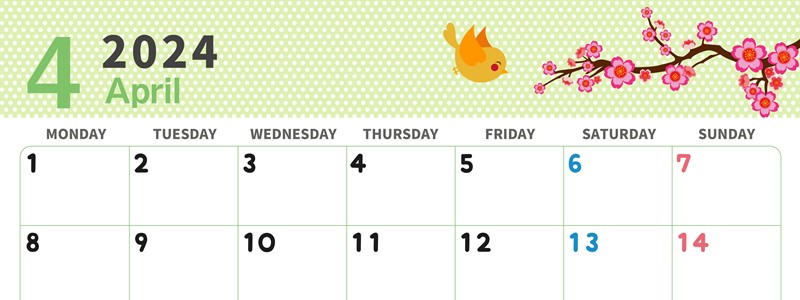 2024年4月横型の月曜始まり ウグイスイラストのおしゃれA4無料カレンダー