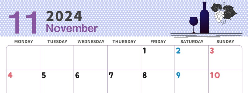 2024年11月横型の月曜始まり ワインがおしゃれなイラストカレンダー