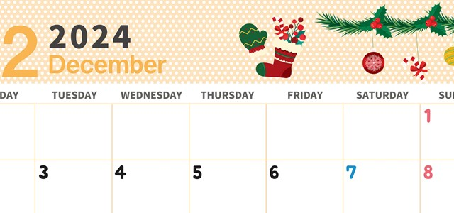 2024年12月横型の月曜始まり クリスマスイラストのおしゃれA4無料カレンダー