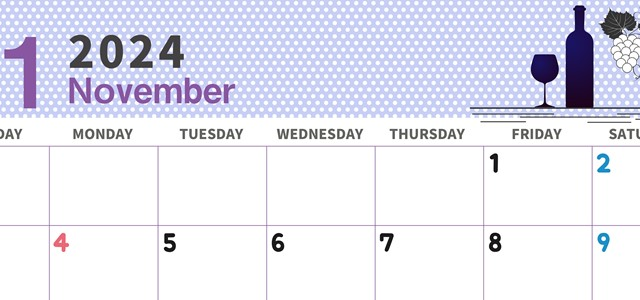 2024年11月横型の日曜始まり ワインがおしゃれなイラストカレンダー