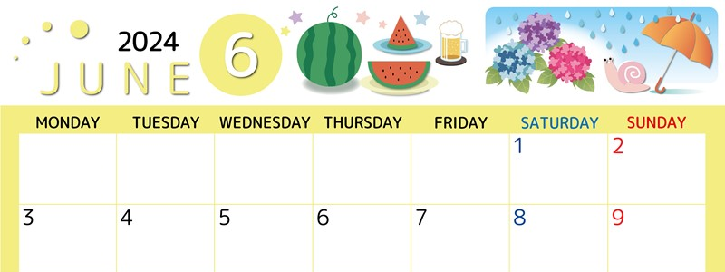 2024年6月横型の月曜始まり すいかイラストのかわいいA4無料カレンダー