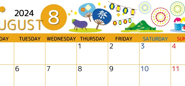 2024年8月横型の月曜始まり 夏祭りイラストのかわいいA4無料カレンダー