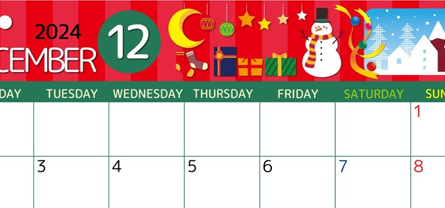2024年12月横型の月曜始まり 雪だるまイラストのかわいいA4無料カレンダー