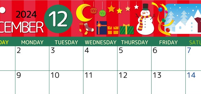 2024年12月横型の日曜始まり 雪だるまイラストのかわいいA4無料カレンダー
