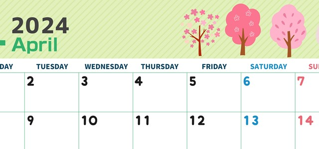 2024年4月横型の月曜始まり 桜木イラストのかわいいA4無料カレンダー