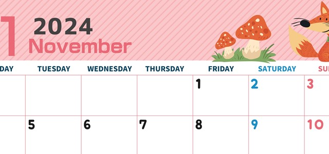 2024年11月横型の月曜始まり 小動物イラストのかわいいA4無料カレンダー