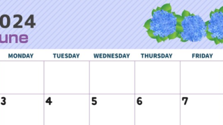 2024年6月横型の日曜始まり 季節の花イラストのかわいいA4無料カレンダー