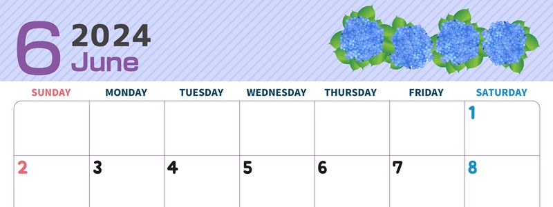 2024年6月横型の日曜始まり 季節の花イラストのかわいいA4無料カレンダー