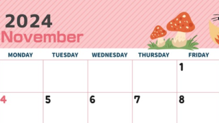 2024年11月横型の日曜始まり 小動物イラストのかわいいA4無料カレンダー