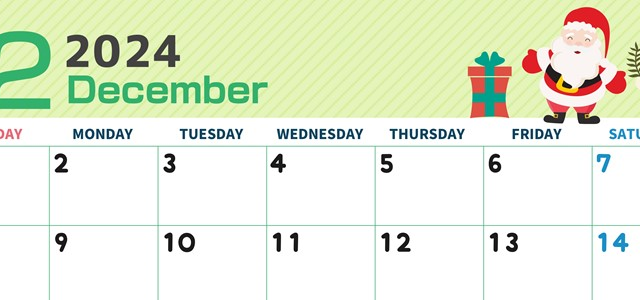 2024年12月横型の日曜始まり 行事イラストのかわいいA4無料カレンダー