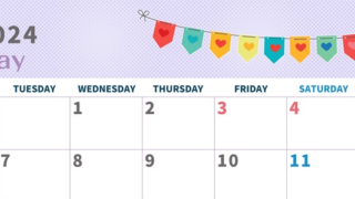 2024年5月横型の月曜始まり 旗のイラストのかわいいA4無料カレンダー