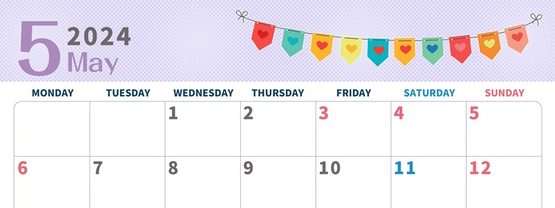 2024年5月横型の月曜始まり 旗のイラストのかわいいA4無料カレンダー