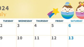 2024年7月横型の月曜始まり 季節の行事のかわいいイラストA4無料カレンダー