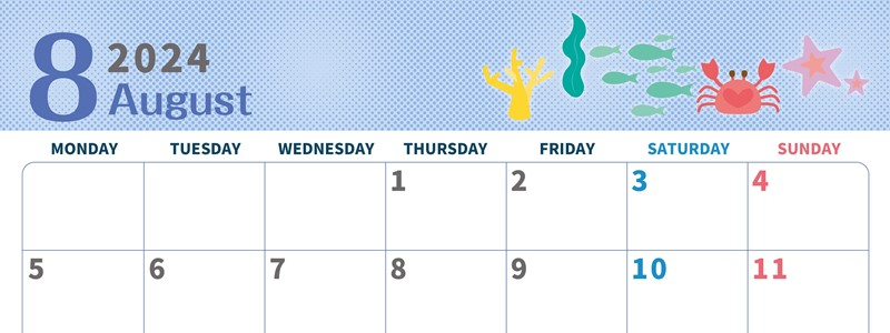 2024年8月横型の月曜始まり 水族館イラストのかわいいA4無料カレンダー